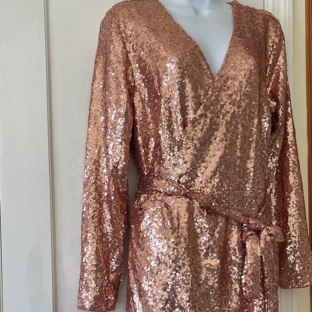 NWT Eloquii Sequin Wrap Long Sleeve Dress Lined Womens 16 Pink Wedding Party - Picture 6 of 17